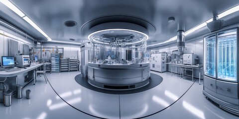 Ultra-wide panoramic 360-degree equirectangular HDRI image of a biotech research lab, genetic engineering equipment, glowing cryogenic storage units, clean sterile environment