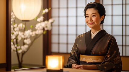 料亭の個室、紫陽花を活けた床の間を背に会話を楽しむ着物ビジネスパーソン