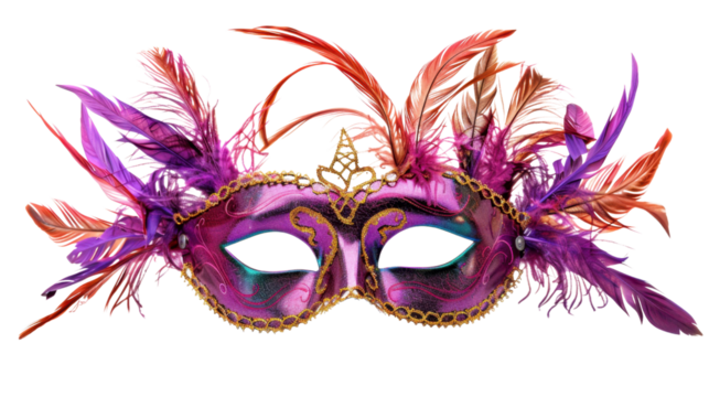 Pink and purple carnival mask with feathers on transparent background - Powered by Adobe