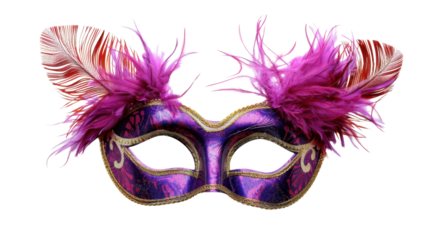 Purple and gold carnival mask with pink feathers on transparent background