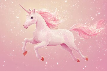 A beautiful white unicorn runs across a dreamy pink background gracefully