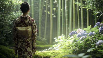 竹林の奥、紫陽花の咲く庭に佇む着物女性、静寂を感じるミニマルな美