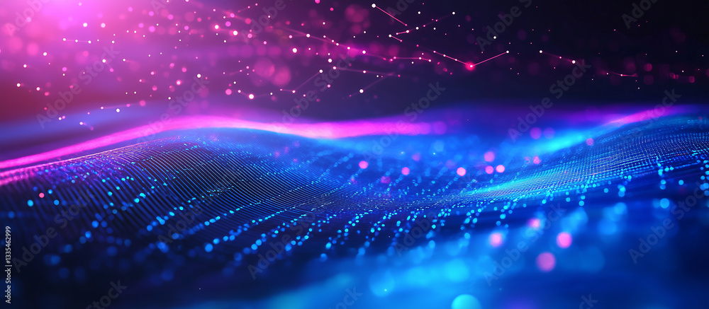 Poster twilight digital abstract background with glowing patterns and data streams