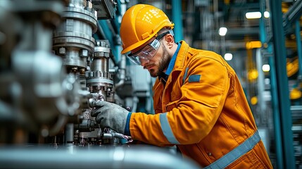 Industrial engineer working on a pipeline in a refinery or chemical plant