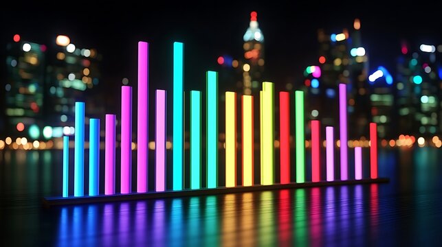 Colorful bar graph illuminated at night reflecting on water with city skyline.