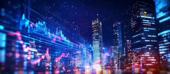 Obraz premium Skyscrapers glow at night with financial data streaming through downtown