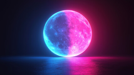 Obraz premium Pink and blue neon light moon icon glowing brightly in vibrant night mode technology style
