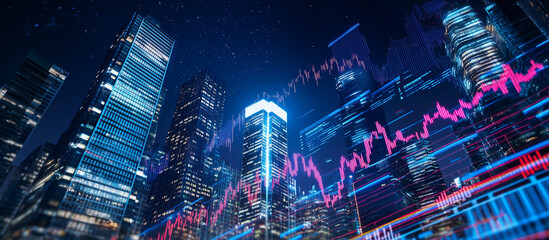 New York Skyscrapers Under Starry Night Sky with Financial Interface