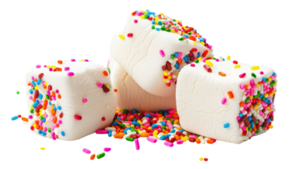 Delicious marshmallows covered with rainbow sprinkles on transparent background