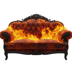 Burning vintage sofa representing destruction and emotional turmoil themes