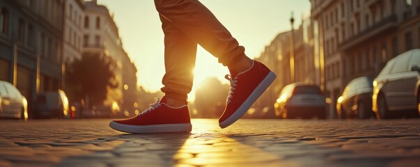 Obraz premium Silhouette of a person walking in vibrant sneakers during a sunset on a cobblestone street.