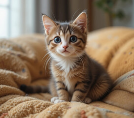 Retrato gatito posando sobre una manta en una casa