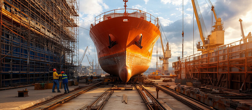 A rusted cargo ship under repair in dry dock with workers painting it