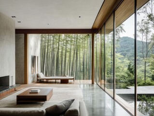 Fototapeta premium Modern interior living space with natural exterior views and decor