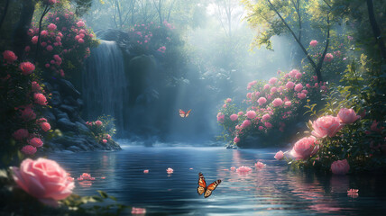 Enchanted fairy tale scene with a woodland lake, pink rose garden, and butterflies