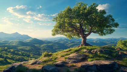 Obraz premium Stunning landscape featuring a solitary tree on a rocky hillside surrounded by lush green hills