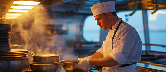 A cargo ship cook preparing dinner under warm galley lights