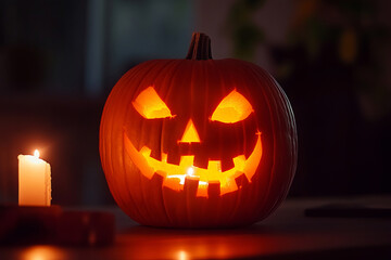 Fototapeta premium Jack o lantern glowing with candle on autumn night, Halloween pumpkin with carved face outdoors, festive spooky decoration in dark garden