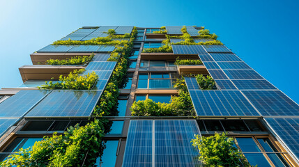 Sustainable building facade adorned with solar panels and climbing plants, symbolizing green energy and eco-conscious architecture