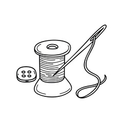 Needle resting beside a spool of thread on a sewing kit