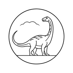 Fototapeta premium a minimalist line art illustration of a Brachiosaurus dinosaur within a circular frame. The dinosaur has a long neck and tail, with a cloud in the background.