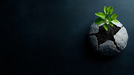 Naklejka premium Young green sprout growing from cracked stone sphere on dark background, symbolizing breakthrough, resilience and new beginnings in business concept.