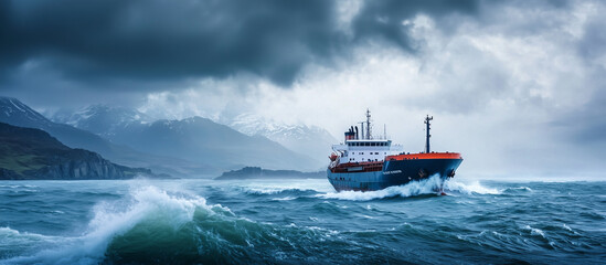 Cargoship Navigating Stormy Strait with Crew in Raingear