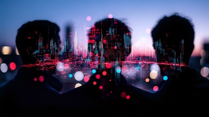 Multiple silhouettes overlaid with glowing city lights and audio waveform pattern creating dreamy urban nightscape effect in pink and blue colors against dark background.