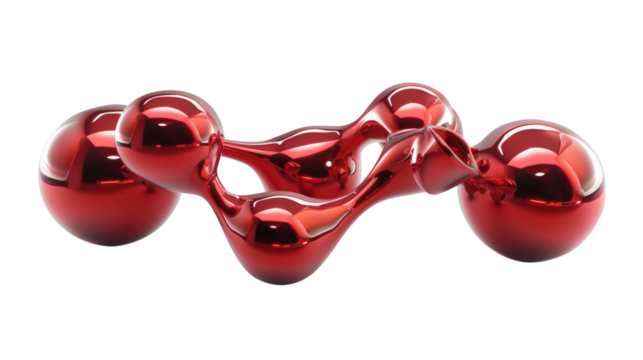 Red molecule structure rendered in 3D with a glossy finish isolated on a white background