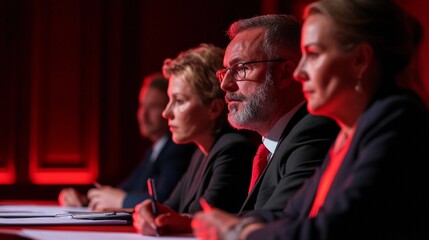A panel of judges thoughtfully reviewing entries or materials at a contest, with clipboards and scoring sheets, depicting an official judging process. 