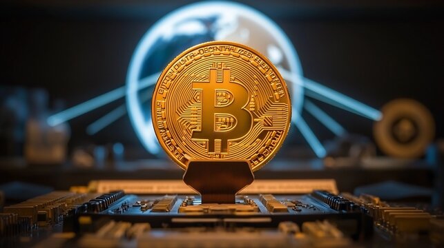 Golden Bitcoin coin displayed on circuit board with blurred background of world globe.