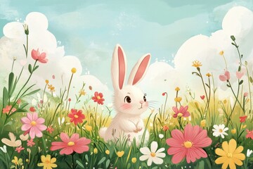 A Gentle White Bunny Sitting Amongst Colorful Springtime Flowers