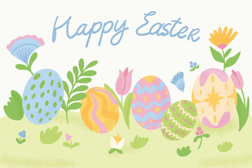 Easter background with eggs and spring flowers. Vector easter egg hunt design. Spring flowers and easter eggs. Horizontal holiday cover