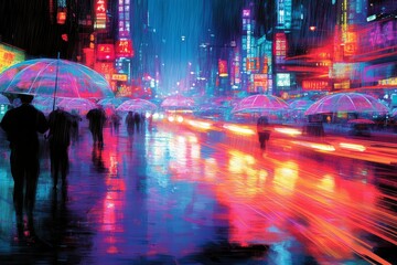 Obraz premium Neon Reflections in the Rain, Rain showers