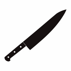 A sharp kitchen knife with a black handle on a white background, isolated and shiny, made of stainless steel, designed for cutting food