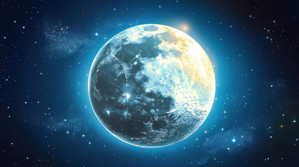 Obraz premium Illustration of full moon in a blue night sky with stars and Earth satellite in space