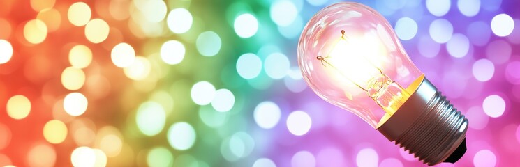Fototapeta premium Illuminating Ideas: Bright Lightbulb Glowing Against Colorful Bokeh Background, Symbolizing Innovation and Creativity.