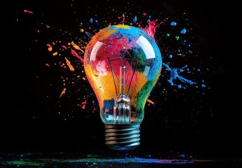 Creative explosion of colorful paint splatter behind a light bulb on a black background.