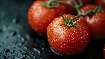 Fresh ripe red tomatoes with water drops on dark background, macro shot showing texture and natural moisture for food photography and marketing.