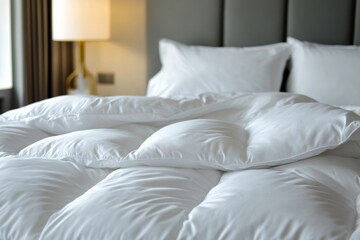 Elegant close up of a white down comforter in a luxurious hotel room for ultimate relaxation