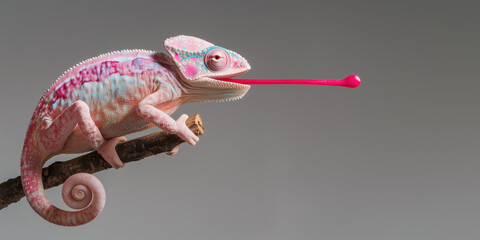 A vibrant colored chameleon with an extended red tongue clings to a branch against a bright background. The sharp details and striking colors create a stunning and dynamic wildlife portr