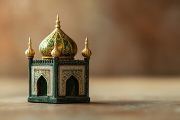 Obraz premium A miniature decorative mosque statue with a decorated dome sits