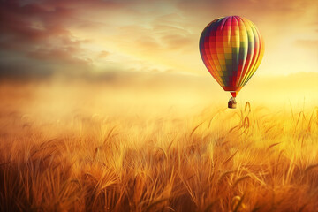 Fototapeta premium Vibrant hot air balloon soaring gracefully over a golden wheat field during a serene sunset, symbolizing freedom, tranquility, and the beauty of nature.
