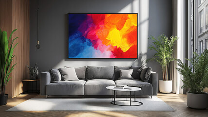 Warm sunlight shining on a colorful abstract painting in a stylish modern interior space
