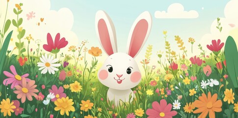 A Cute White Bunny Smiling Amongst Colorful Spring Flowers