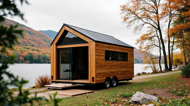 Tiny Wooden Home on Wheels with Large Windows