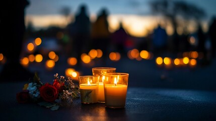 A shot of lit candles and flowers in a dark setting outside with blurred figures in the background, representing a community grieving and remembering victims of gun violence - obrazy, fototapety, plakaty