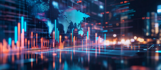 Fototapeta premium Digital Growth Trends with World Map and Rising Bars in Daylight