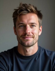 Obraz premium A young Swedish male with striking blond hair radiates genuine warmth through his smile, embodying happiness and confidence in an inviting space lit by soft light Generative AI