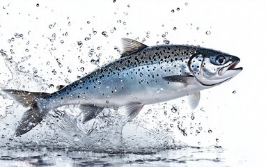 Obraz premium A vibrant salmon fish leaping from the water, splashing droplets against a white background.